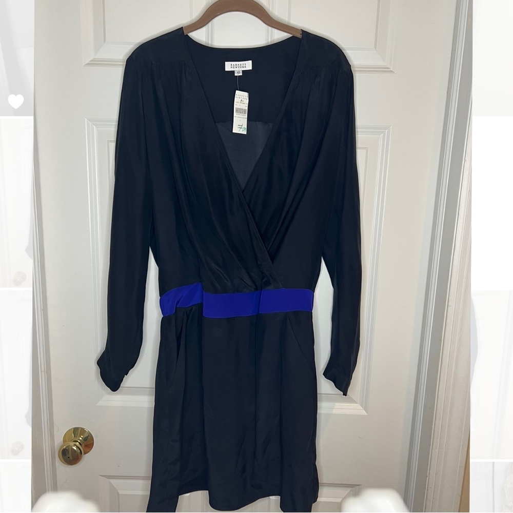 Barney New York Silk Cocktail Faux Wrap Dress with Pockets Black and Blue NWT 10